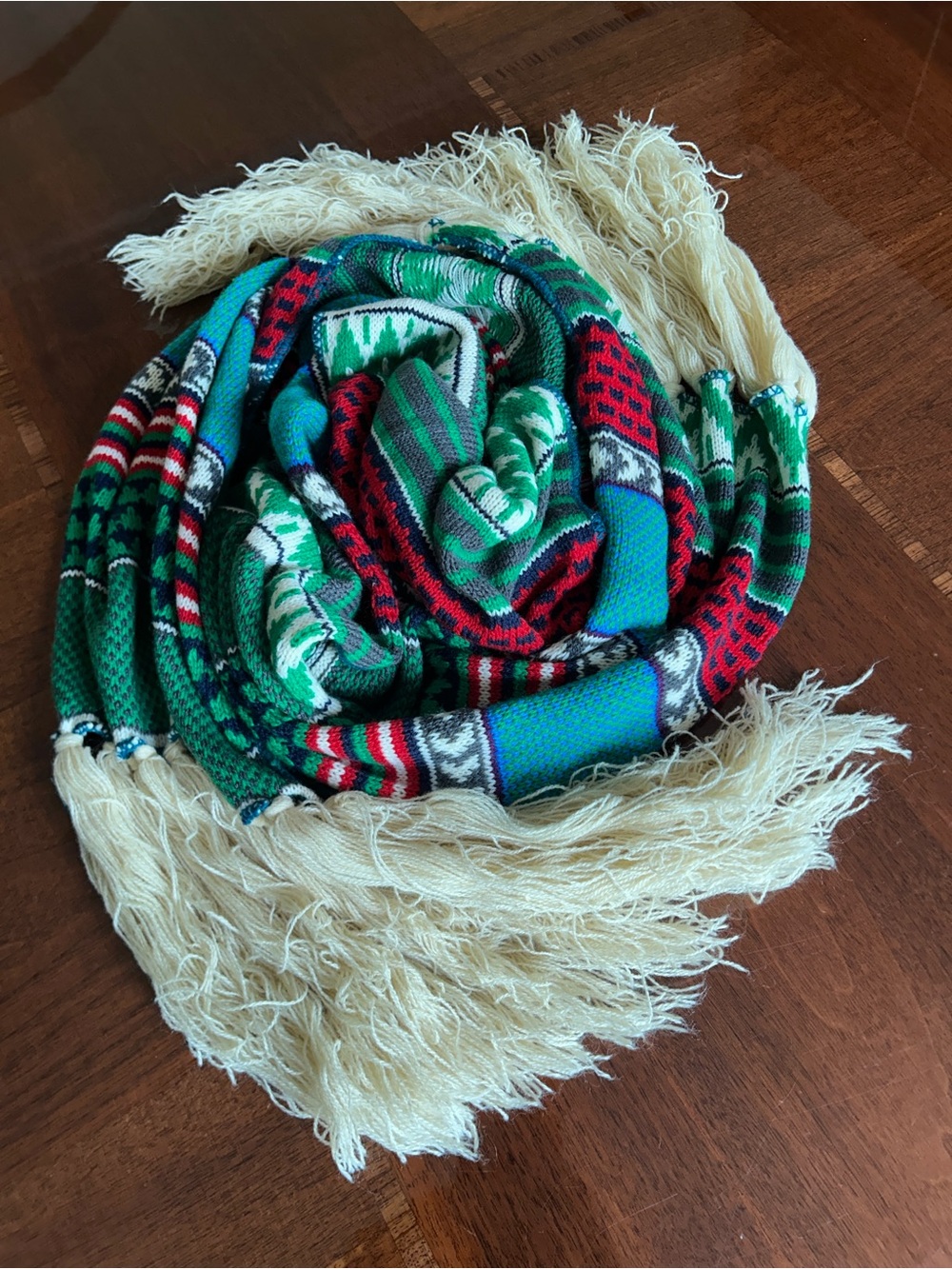 Striped Knit Fringe Scarf in Green, Turquoise & Red 14” x 77” probably wool - Picture 6 of 8